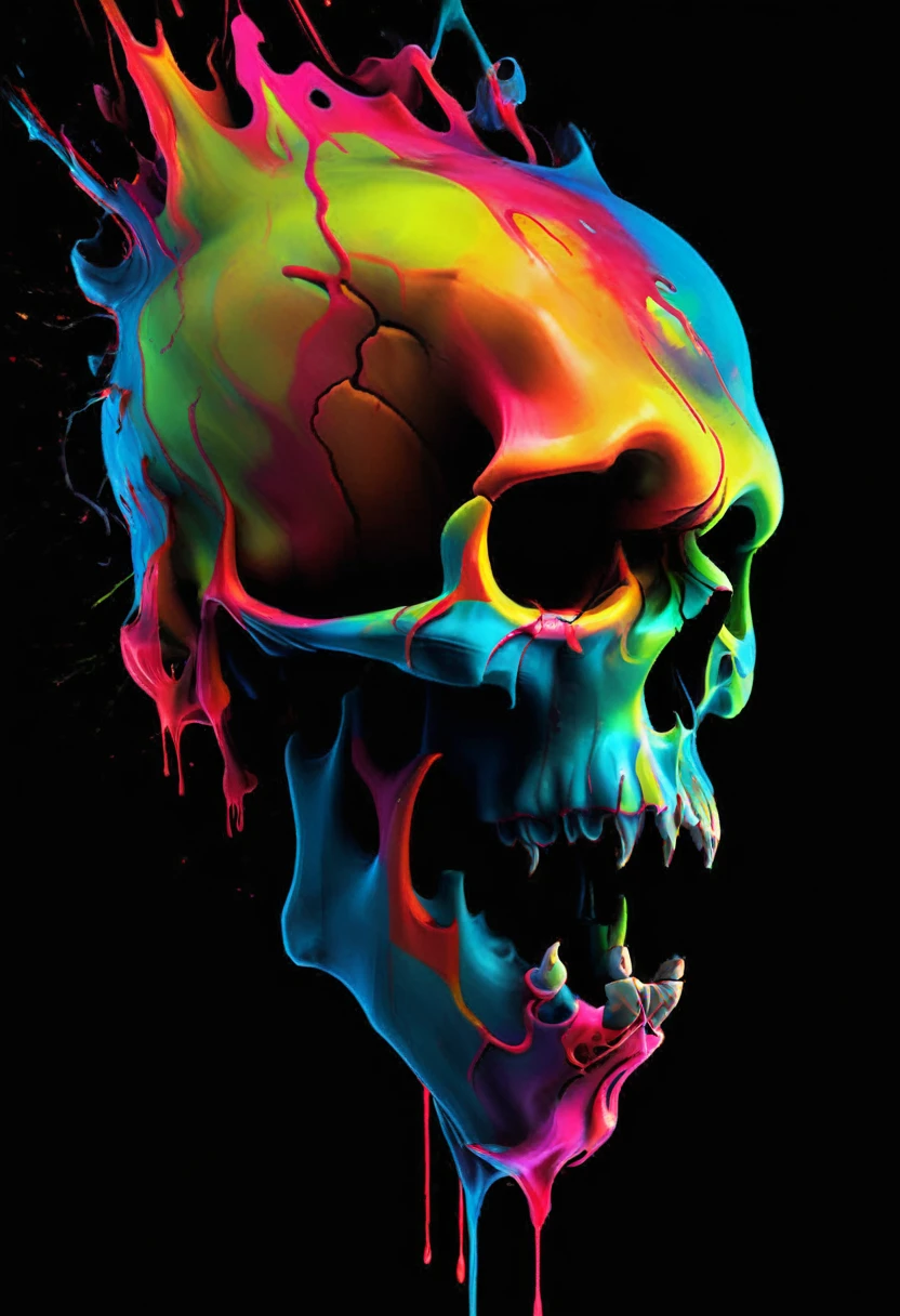 A detailed close up. front view, dark artsy skull with ((decaying fading effect)) dull color , ((neon colorful blood dripping)) with tormented in agony expression. Using expressionism vibrant color art with ((high resolution , clear clarification with detailed refine image))