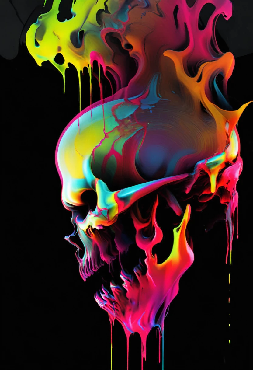 A detailed close up. front view, dark artsy skull with ((decaying fading effect)) dull color , ((neon colorful blood dripping)) with tormented in agony expression. Using expressionism vibrant color art with ((high resolution , clear clarification with detailed refine image))