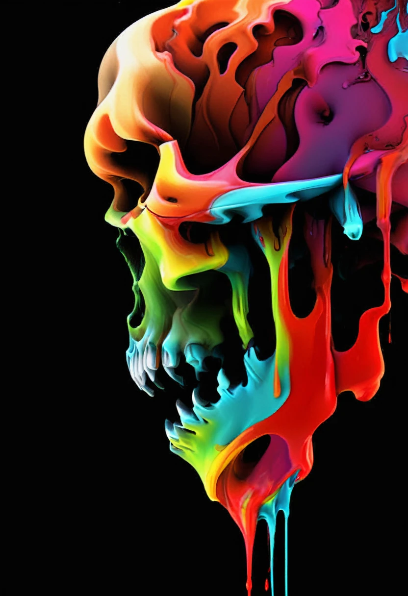 A detailed close up. front view, dark artsy skull with ((decaying fading effect)) dull color , ((neon colorful blood dripping)) with tormented in agony expression. Using expressionism vibrant color art with ((high resolution , clear clarification with detailed refine image))