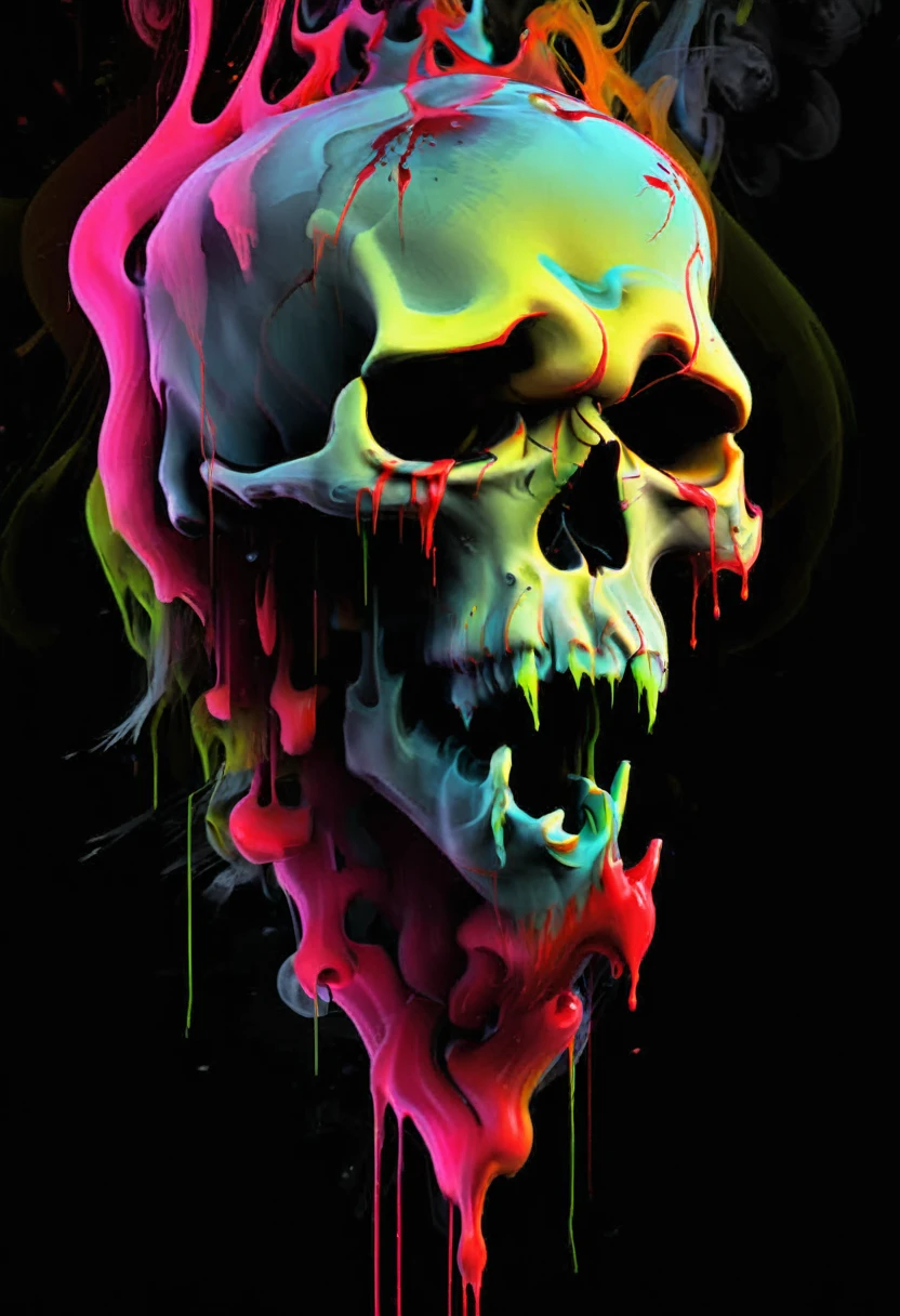 A detailed close up. front view, dark artsy skull with ((decaying fading effect)) dull color , ((neon colorful blood dripping)) with tormented in agony expression. Using expressionism vibrant color art with ((high resolution , clear clarification with detailed refine image))