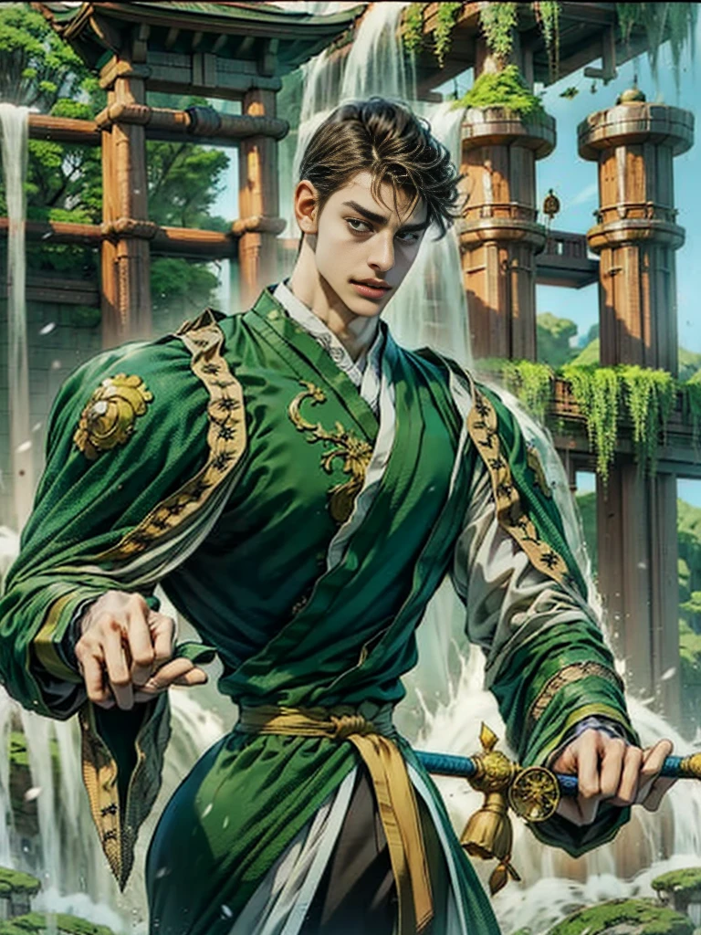 handsome young man Wearing a green traditional Chinese costume, the willow tree