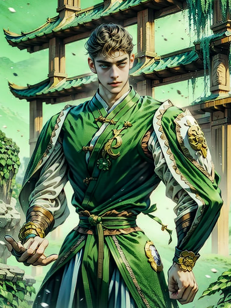 handsome young man Wearing a green traditional Chinese costume, the willow tree