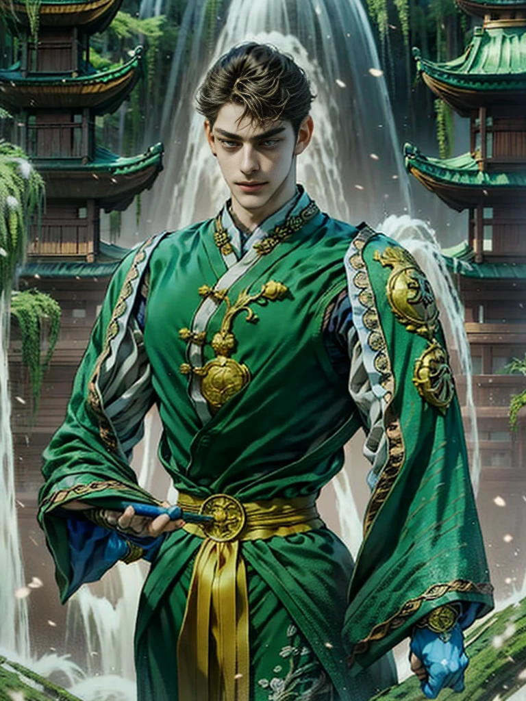 handsome young man Wearing a green traditional Chinese costume, the willow tree