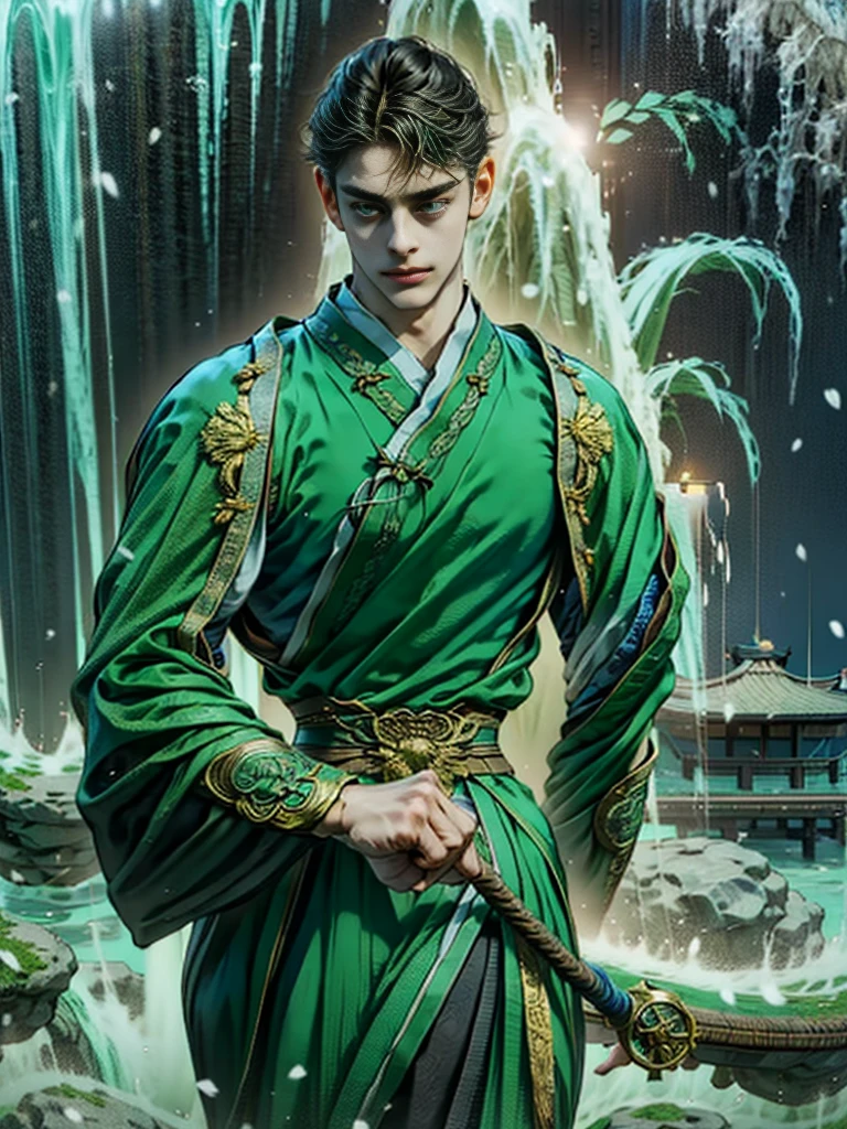 handsome young man Wearing a green traditional Chinese costume, the willow tree