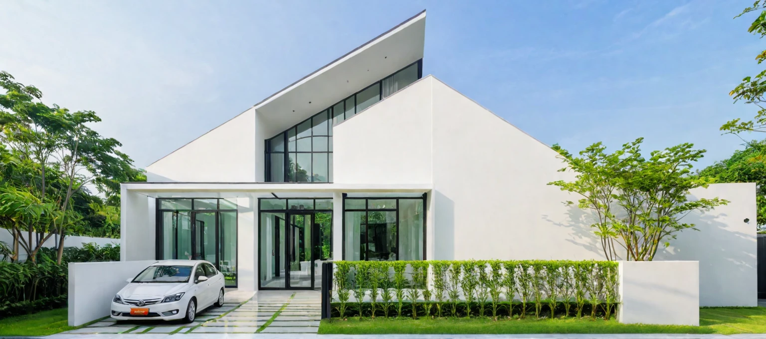 A modern minimalist style single-story villa with a flat roof, white walls and glass windows in Vietnam is surrounded by green lawns, ((road)), ((sidewalk)), (sidewalk trees), The overall architectural design features clean lines and simplicity, creating an elegant atmosphere. Use professional photography techniques to capture details and highlight the unique architecture of contemporary luxury houses in the style of minimalism
