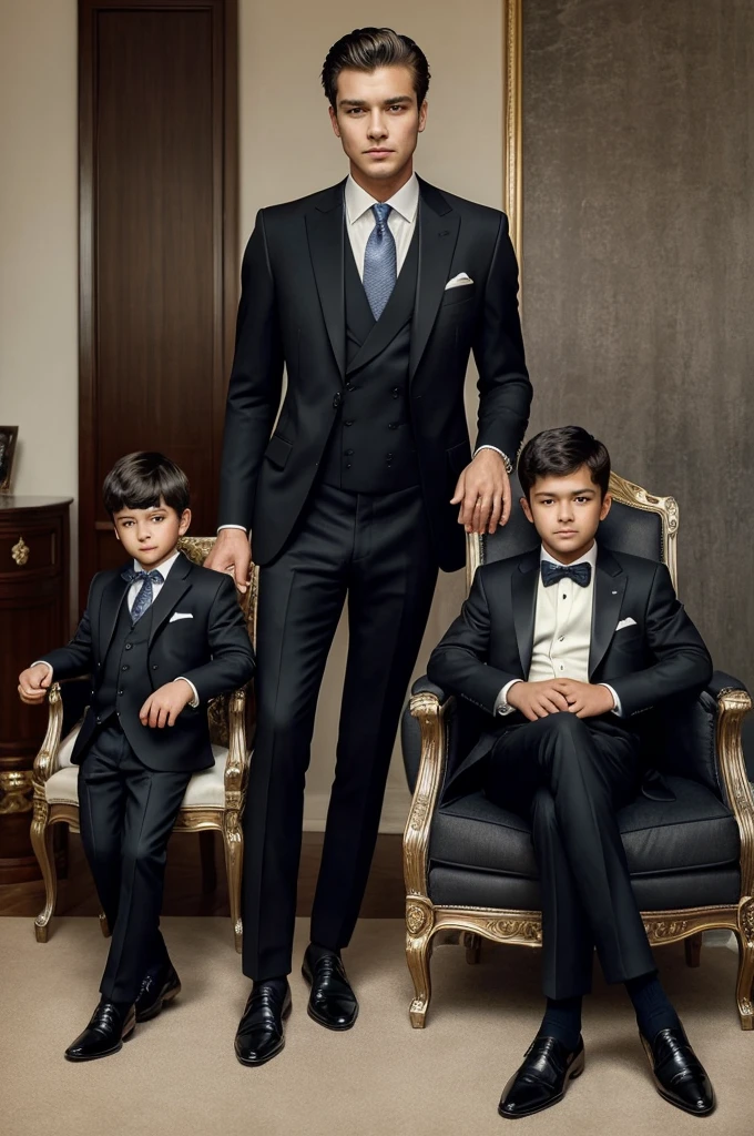 ((best quality)), ((masterpiece)), (detailed), perfect face, royal father sitting on chair ,son is standing back,black suits,father keep one leg on another leg ,son standing smart ,both wearing black suits,multi picture,son and father looks with perfect physique and facing same side