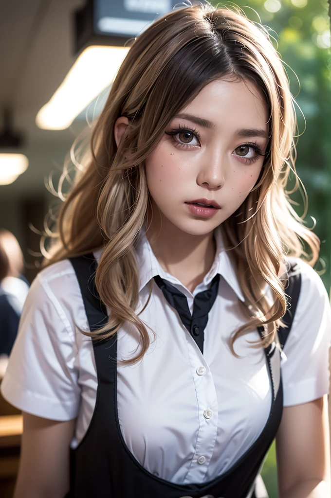 Realistic, masterpiece, Highest quality, Highest Resolution, High Detail, Soft Light, Professional Lighting, Backlight, Film Grain, The background is blurred, Japanese , (The subject was photographed from below at an angle, The model does not look at the camera:1.2), 16 years old, Upper body photo, Looks sleepy, inattention, Spaced out, Open your mouth, Beautiful and detailed eye drawing, (Droopy eyes:1.3), Dark Eyes, Thin eyebrows, Draw eyelashes carefully, Eyelash extensions, Gal Makeup, Orange Cheek, (White brown wavy hair, Long Hair, middle part:1.3), (Hidden eyelid wrinkles:1.3), (Gothic summer school uniform:1.3), (Summer forest:1.3)