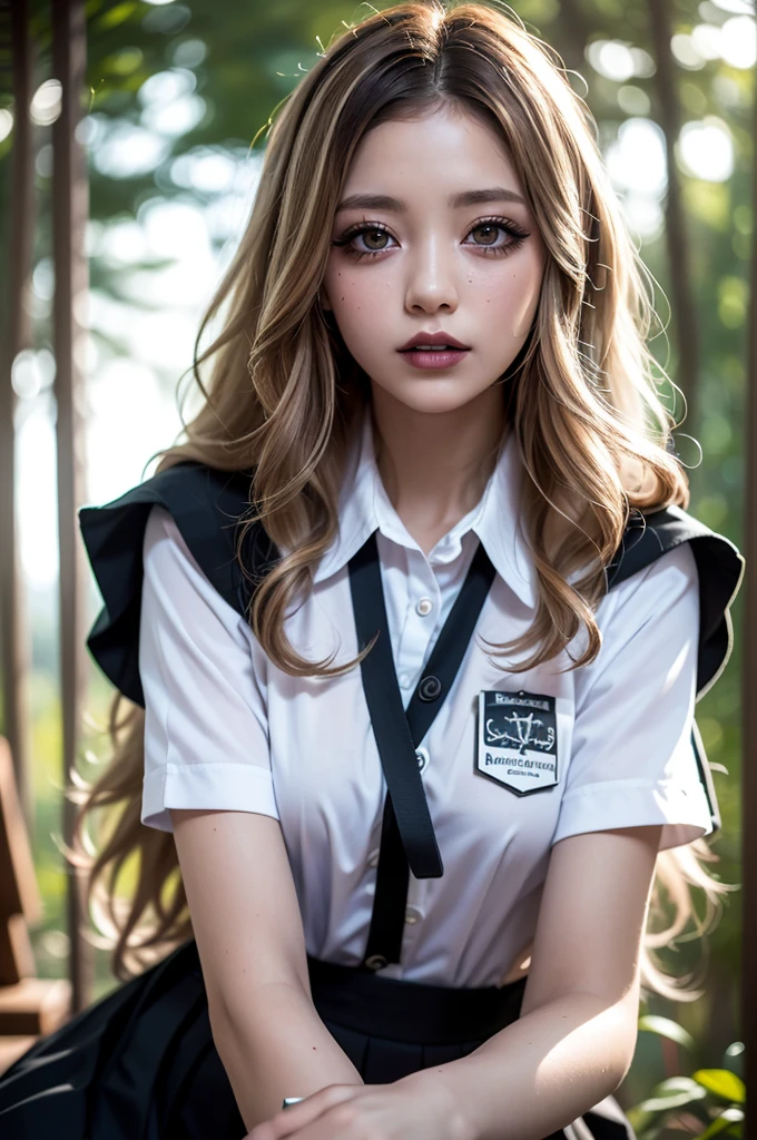 Realistic, masterpiece, Highest quality, Highest Resolution, High Detail, Soft Light, Professional Lighting, Backlight, Film Grain, The background is blurred, Japanese , (The subject was photographed from below at an angle, The model does not look at the camera:1.2), , Upper body photo, Looks sleepy, inattention, Spaced out, Open your mouth, Beautiful and detailed eye drawing, (Droopy eyes:1.3), Dark Eyes, Thin eyebrows, Draw eyelashes carefully, Eyelash extensions, Gal Makeup, Orange Cheek, (White brown wavy hair, Long Hair, middle part:1.3), (Hidden eyelid wrinkles:1.3), (Gothic summer school uniform:1.3), (Summer forest:1.3)