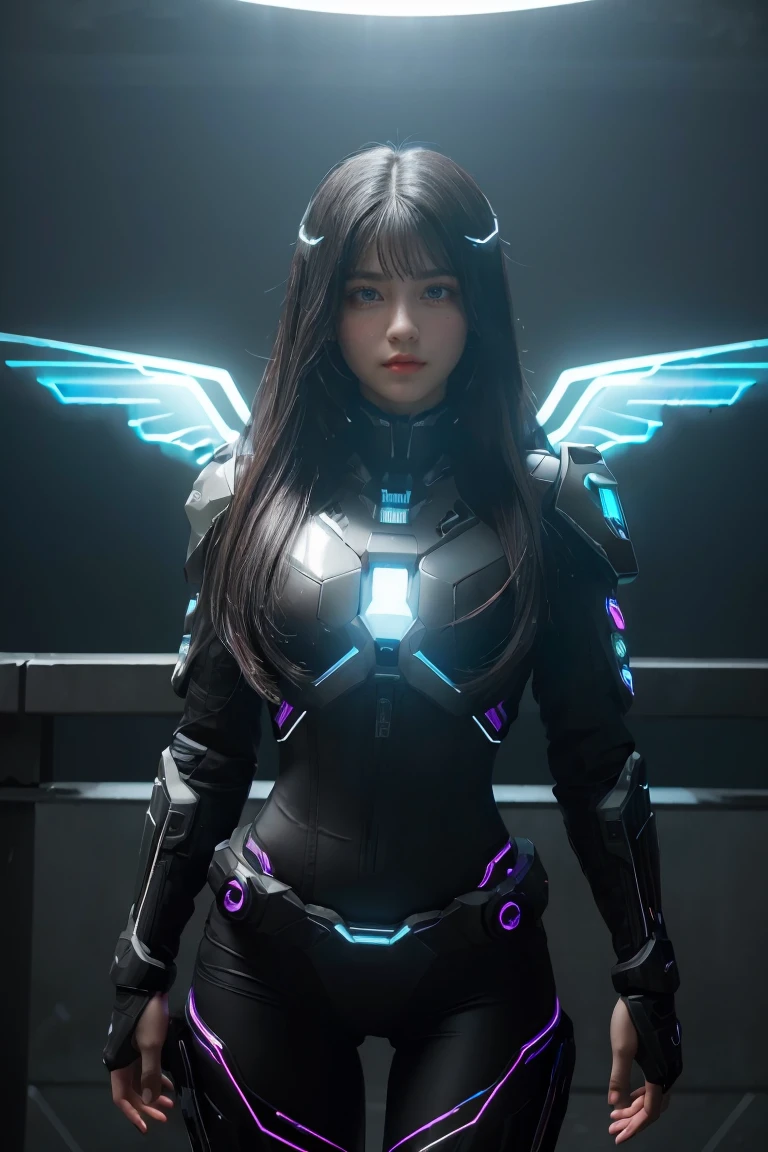 ((masterpiece, best quality, extremely detailed), volumetric lighting, ambient occlusion, colorful, glowing), 
1girl, solo, young girl, (dark hair), long hair, halo, aura, sacred, godness, cyber suit, (black outfit:1.3), android, bot, cybernetic wings,
outdoors, sunset, sky, clouds, space, (cyberpunk theme:1.2),