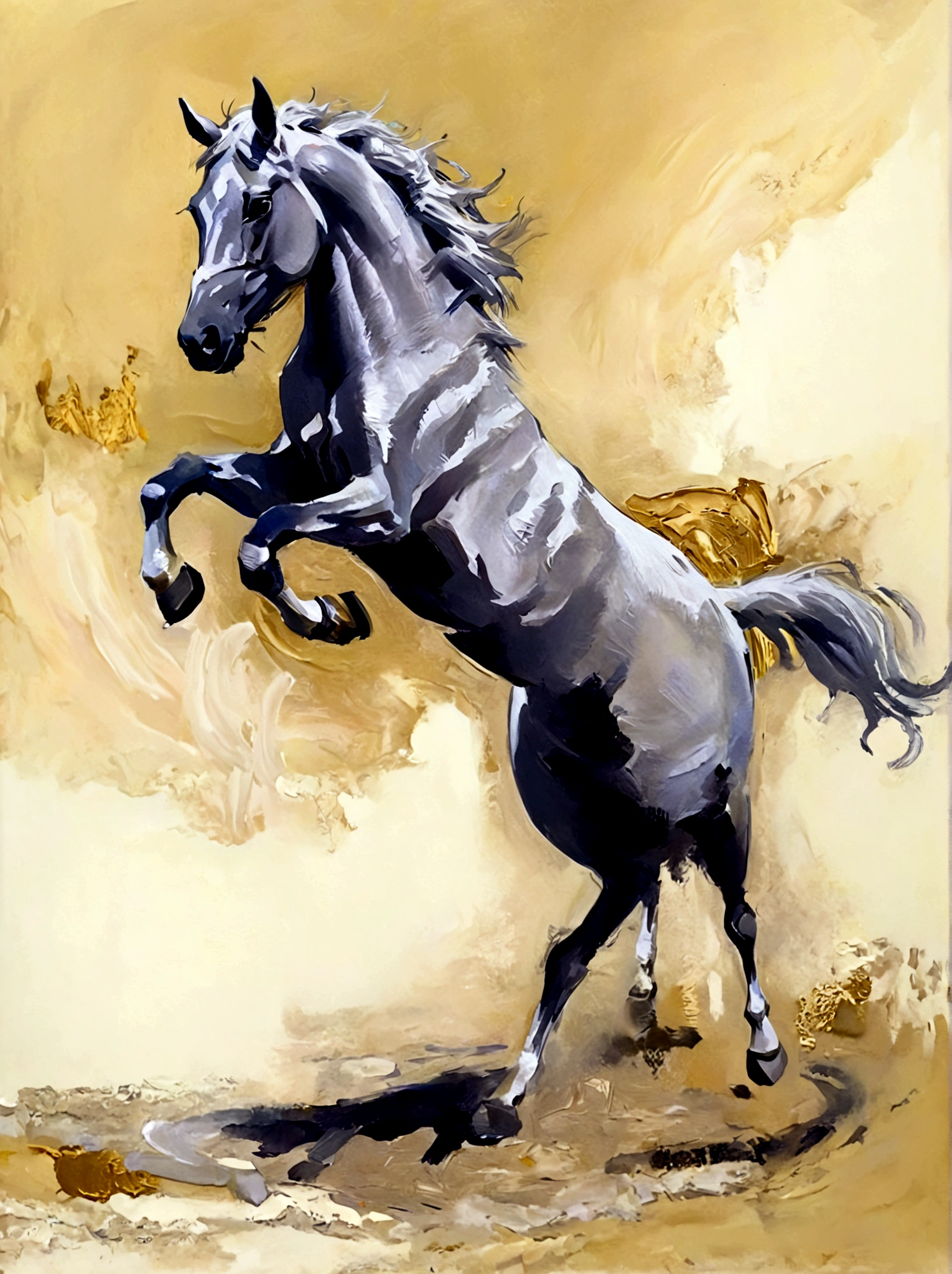 A white horse，Horse jumping in the air，Four feet jumping in the air，Color portrait，vanilla，bright，Golden background，real，emotion，Thick textured paint, 