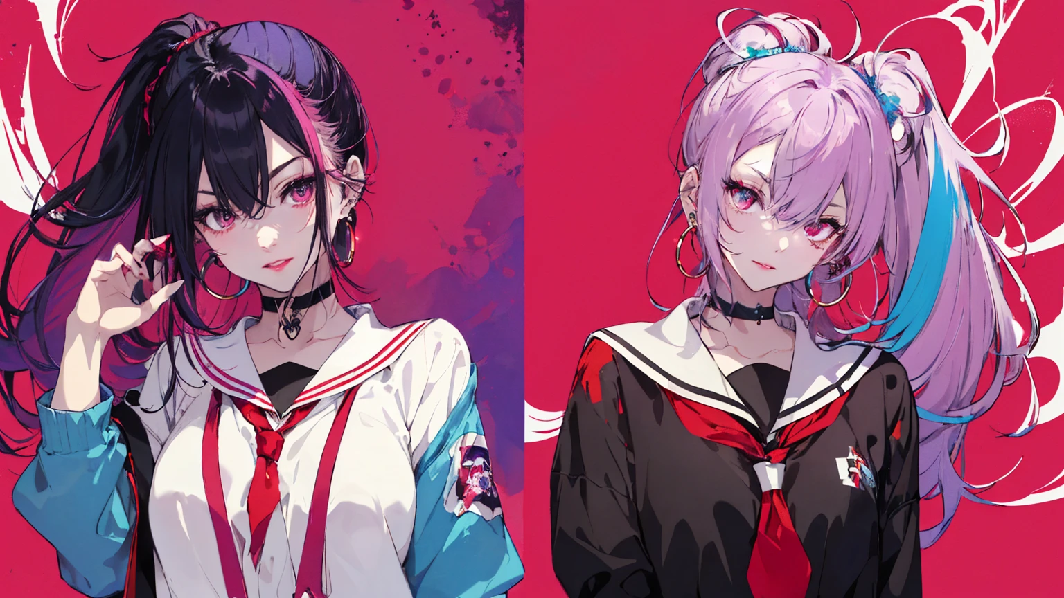 hair above one eye, Purple eyes, Clear Eyes, choker, Neon Shirt, torn legwear, open jacket、Blue pubic hair catches my eye,Bright red background、Red background, graffiti, Shineing grafiti, Shineing tattoos, Shine, Neon Light, Black light,Anime Style, movie portrait photography, 1 female, 22 years ago, Whole Body Ezbian,Big and ample breasts, anger, (Scarlet Hair), Long Hair, Purple eyes, wearing a short black dress, (Natural skin texture vivid details, Surreal, (Realistic eyes, Natural skin texture, Realistic facial details), Soft and dramatic lighting, Written boundary depth, Bokeh, vivid details, Surreal, 35mm movie, Absent-minded, movie,lipstick, ear piercing, eye shadow, Hoop Earrings, red pink lips, multicolored red eyes, Red background,Beautiful Eyes,Bold Pose、Strike a Pose,upper ponytail,drooping bangs,Droopy eyes、((school uniform))、high school girl