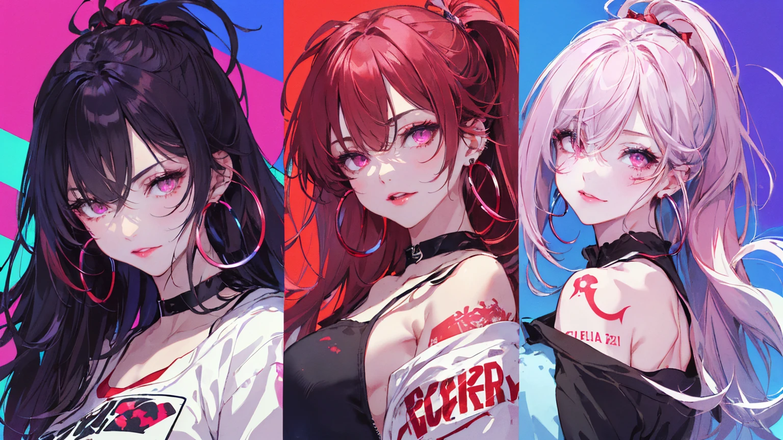 hair above one eye, Purple eyes, Clear Eyes, choker, Neon Shirt, torn legwear, open jacket、Blue pubic hair catches my eye,Bright red background、Red background, graffiti, Shineing grafiti, Shineing tattoos, Shine, Neon Light, Black light,Anime Style, movie portrait photography, 1 female, 22 years ago, Whole Body Ezbian,Big and ample breasts, anger, (Scarlet Hair), Long Hair, Purple eyes, wearing a short black dress, (Natural skin texture vivid details, Surreal, (Realistic eyes, Natural skin texture, Realistic facial details), Soft and dramatic lighting, Written boundary depth, Bokeh, vivid details, Surreal, 35mm movie, Absent-minded, movie,lipstick, ear piercing, eye shadow, Hoop Earrings, red pink lips, multicolored red eyes, Red background,Beautiful Eyes,Bold Pose、Strike a Pose,upper ponytail,drooping bangs,Droopy eyes、((school uniform))、high school girl