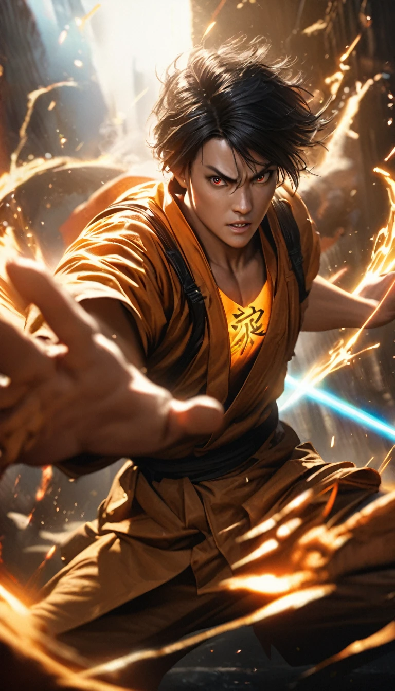 a powerful young man with spiky black hair, intense eyes, and a determined expression, wearing an orange gi with the kanji "wave" on the chest, performing the famous Kamehameha energy attack with both hands raised, detailed realistic rendering, 8k, photorealistic, dramatic lighting, vibrant colors, cinematic composition