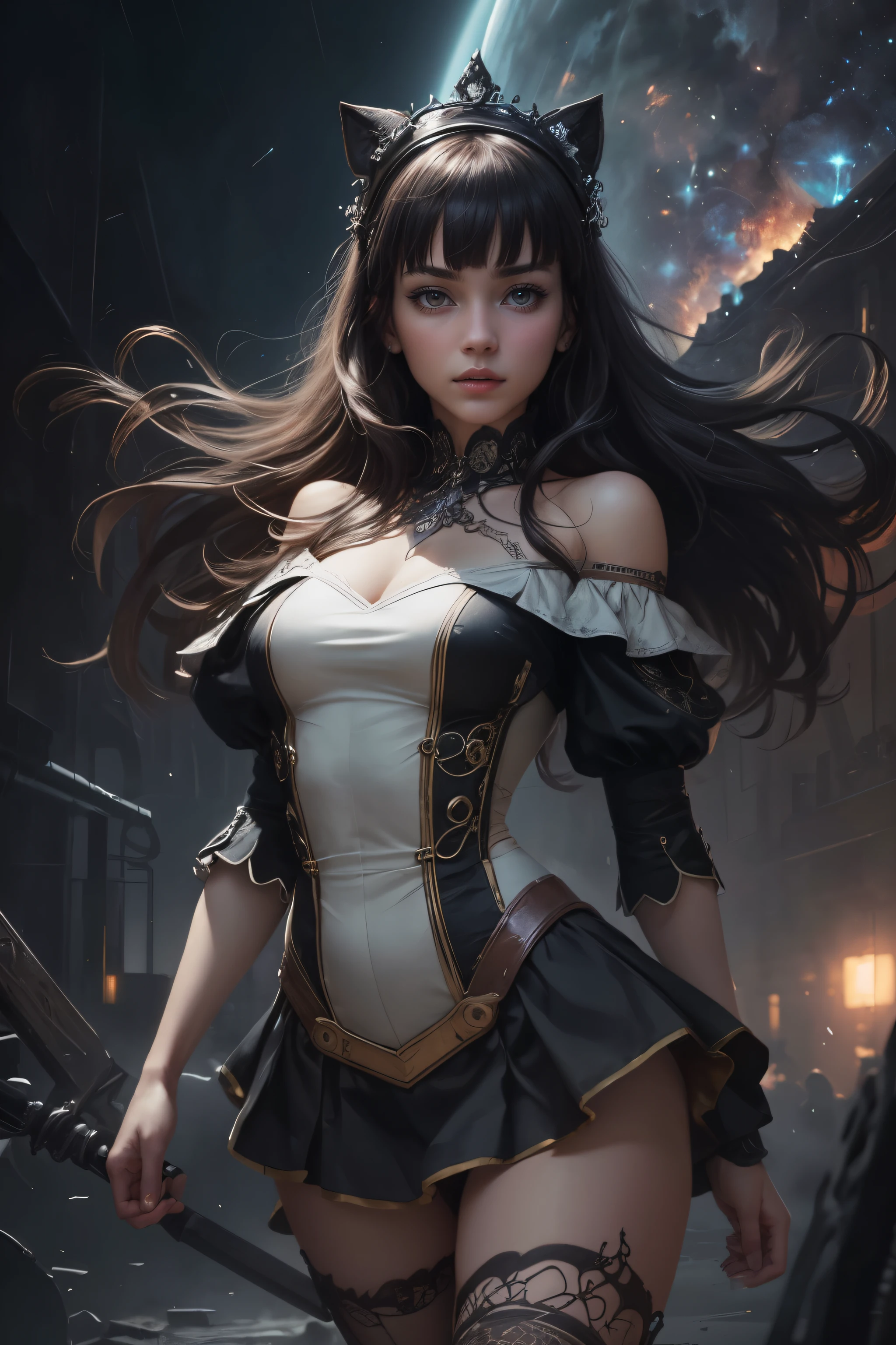 Wizard girl.
(((masterpiece, best quality, raw photo, photorealistic, depth of field, ultra detailed, detailed face, very precise hazel eyes))), Dynamic Action Pose, Invoke Magic, Mechanical Magic Weapons,  very slender long legs, lace stockings on the knee, steampunk headgear, fluttering lace flared white mini skirt, off-shoulder white fashion with a fusion of detailed and intricate steampunk and detailed white gothic lolita, (((Very slender body, long, thin limbs))), upward and beautiful small breasts, (((Thick bangs))), (((princess cut))), Clean long hair, long vertical curly hair, wind driven, futuristic complex steampunk factory background, infinite dark universe, flying celestial bodies, countless celestial neon lights raining down from the heavens, cinematic lighting decoration.