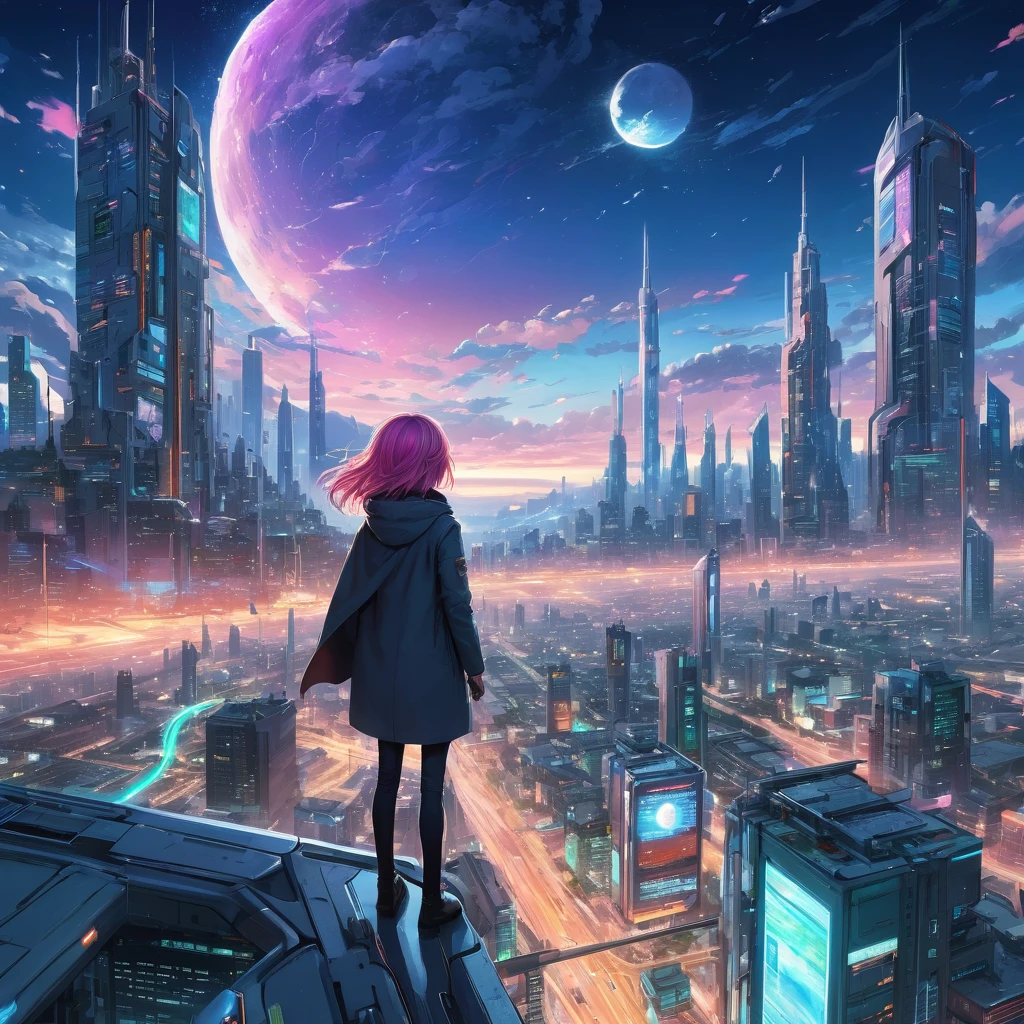 Create an incredibly vibrant and visually stunning image in the "Anime Art Style." Imagine a bustling, futuristic cityscape with neon lights and towering skyscrapers. In the foreground, a dynamic, heroic figure stands poised on a rooftop, their cape billowing in the wind. The character has striking, colorful hair and expressive eyes that convey determination and strength.
Surrounding the character are elements of high-tech gadgets and futuristic vehicles, adding to the sense of a sci-fi adventure. The city below is alive with energy, featuring crowds of diverse characters, holographic advertisements, and flying cars zooming through the air.
The sky is a blend of twilight hues, with a giant, glowing moon and stars twinkling above. The overall color palette should be vibrant and electric, with bold contrasts and detailed line work to capture the essence of anime.
The entire image should evoke a sense of excitement, adventure, and the unique beauty of the anime art style, blending fantastical elements with dynamic action to create a truly captivating and unique masterpiece.