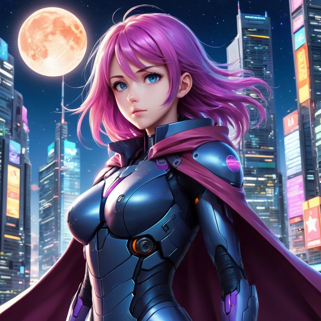 Create an incredibly vibrant and visually stunning image in the "Anime Art Style." Imagine a bustling, futuristic cityscape with neon lights and towering skyscrapers. In the foreground, a dynamic, heroic figure stands poised on a rooftop, their cape billowing in the wind. The character has striking, colorful hair and expressive eyes that convey determination and strength.
Surrounding the character are elements of high-tech gadgets and futuristic vehicles, adding to the sense of a sci-fi adventure. The city below is alive with energy, featuring crowds of diverse characters, holographic advertisements, and flying cars zooming through the air.
The sky is a blend of twilight hues, with a giant, glowing moon and stars twinkling above. The overall color palette should be vibrant and electric, with bold contrasts and detailed line work to capture the essence of anime.
The entire image should evoke a sense of excitement, adventure, and the unique beauty of the anime art style, blending fantastical elements with dynamic action to create a truly captivating and unique masterpiece.