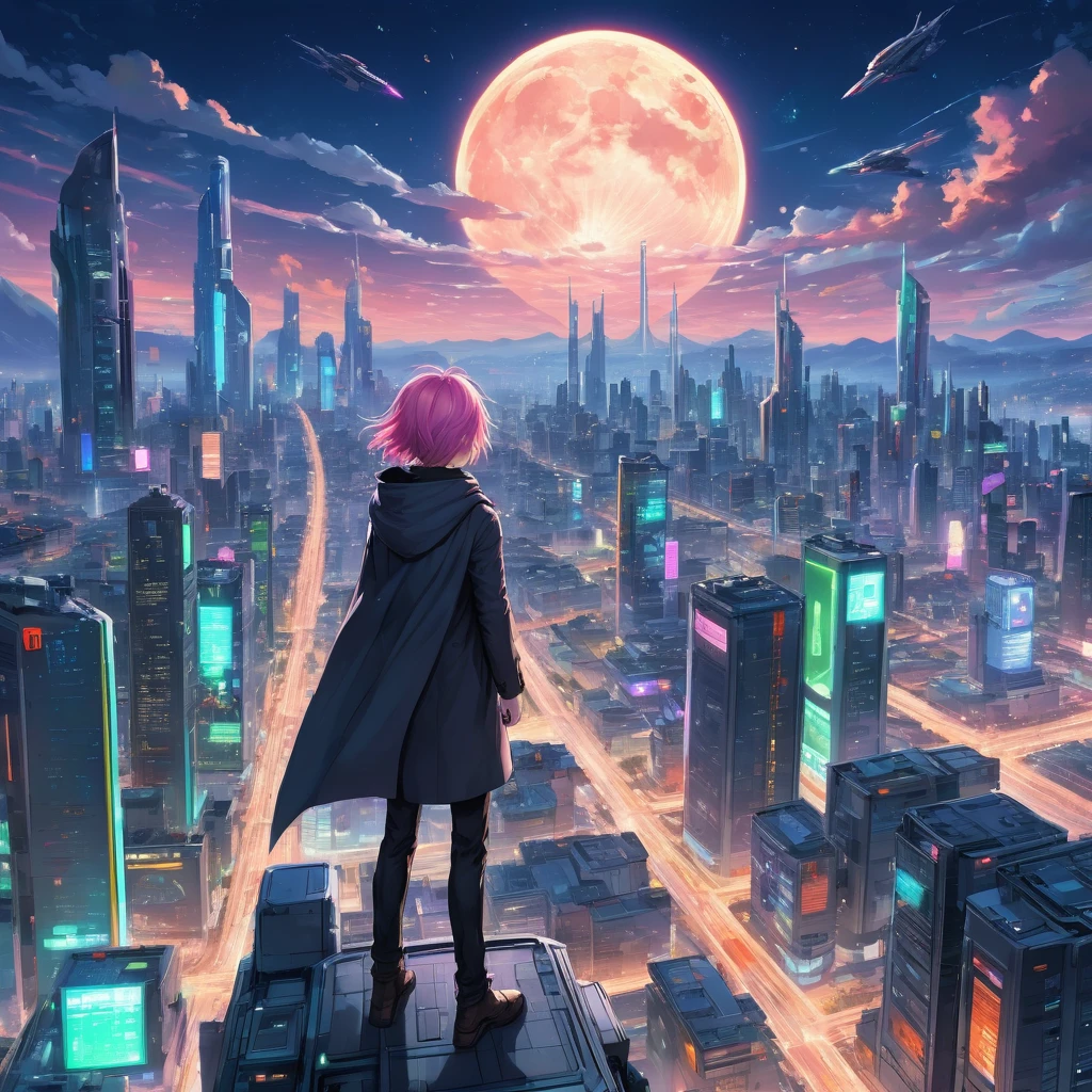 Create an incredibly vibrant and visually stunning image in the "Anime Art Style." Imagine a bustling, futuristic cityscape with neon lights and towering skyscrapers. In the foreground, a dynamic, heroic figure stands poised on a rooftop, their cape billowing in the wind. The character has striking, colorful hair and expressive eyes that convey determination and strength.

Surrounding the character are elements of high-tech gadgets and futuristic vehicles, adding to the sense of a sci-fi adventure. The city below is alive with energy, featuring crowds of diverse characters, holographic advertisements, and flying cars zooming through the air.

The sky is a blend of twilight hues, with a giant, glowing moon and stars twinkling above. The overall color palette should be vibrant and electric, with bold contrasts and detailed line work to capture the essence of anime.

The entire image should evoke a sense of excitement, adventure, and the unique beauty of the anime art style, blending fantastical elements with dynamic action to create a truly captivating and unique masterpiece.