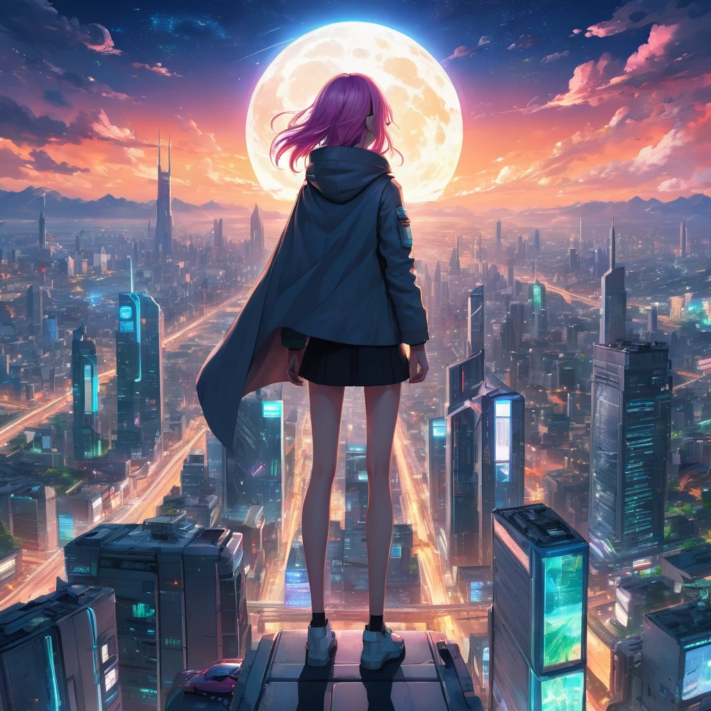 Create an incredibly vibrant and visually stunning image in the "Anime Art Style." Imagine a bustling, futuristic cityscape with neon lights and towering skyscrapers. In the foreground, a dynamic, heroic figure stands poised on a rooftop, their cape billowing in the wind. The character has striking, colorful hair and expressive eyes that convey determination and strength.
Surrounding the character are elements of high-tech gadgets and futuristic vehicles, adding to the sense of a sci-fi adventure. The city below is alive with energy, featuring crowds of diverse characters, holographic advertisements, and flying cars zooming through the air.
The sky is a blend of twilight hues, with a giant, glowing moon and stars twinkling above. The overall color palette should be vibrant and electric, with bold contrasts and detailed line work to capture the essence of anime.
The entire image should evoke a sense of excitement, adventure, and the unique beauty of the anime art style, blending fantastical elements with dynamic action to create a truly captivating and unique masterpiece.