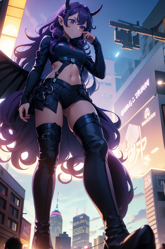 giant girl 50,00000 feet high, Possessing a pair of huge demon wings，Have waist-length hair，Loose hair，Wearing a pair of long boots，Purple curly hair，A look of enjoyment，night，Standing tall in a small town，side angle, midriff, GtsGiga, Gtscity cityscape, Rampage 