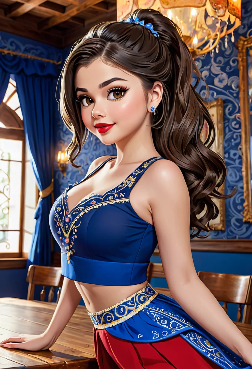 Balerina Gracefully Dancing, Honey Brown Hair, Very Long Hair, Chignon, Crop Top. Leaning-Over-Table, Messy Hair, Pale Skin, Red Lips, Skirt Wth Woodcut Patterns, Crop Top Wth Blue Rosemaled Designs. Midriff, Wide Smile, Eyes Detailed & Wide,Dynamic Pose. Ultra HD, Rococo-Inspired Fantasy Art With Intricate Details. Cute, Charming Expression, Alluring-Gaze, Beautiful Eyes, An-Ideal-Figure. Large Youthful Well-Shaped-Bosom, Attractive-Hind-Quarters. Massive-Round-Bosom, turning. Full Length Side Profile. Digital Painting, Intricate Details. Mesmerizingly mash up of Miranda Cosgrove & Selena Gomez
