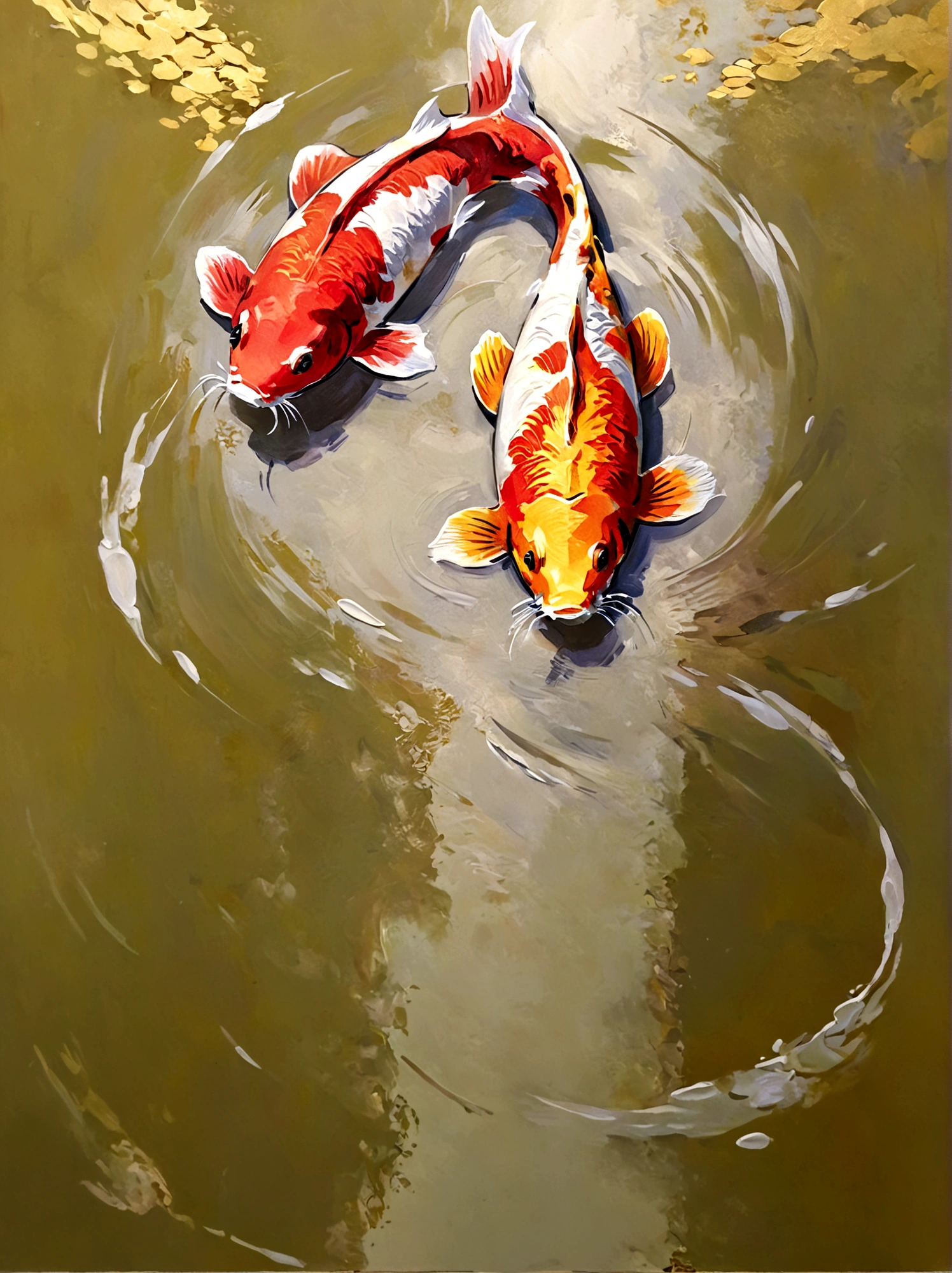 Two koi fish,Single Koi fish,complete,Color portrait,vanilla,bright,Golden background,real,emotion,Thick textured paint,