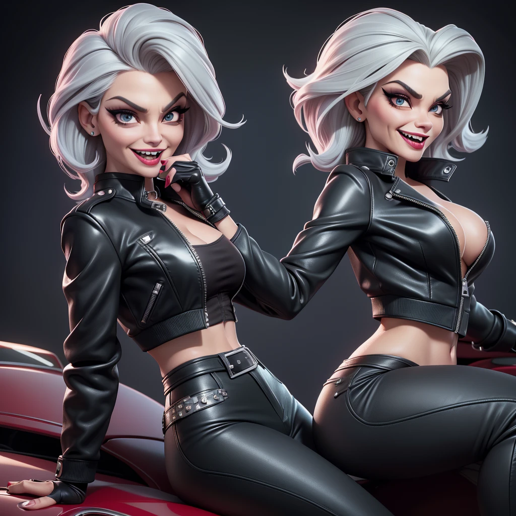 obra prima, melhor qualidade, (cruella deville, michelle pfeiffer, vamp 70yo face wrinkles,) head back, sassy wicked girl, big toothy smile, open mouth, maniacal, extreme, thick smoky black eye shadow, long fake eyelashes, raven black mullet hair, ((cherry red leather biker jacket and pants,)) with studs zippers snaps, shiny leather gloves, body is skinny, laying down on hood of sports car, shiny tight buttocks, dazzle, pinup, exaggerated selfie, lap dance, camera view of whole body, looking up at me, shallow depth of field, highres, HD, 8k, anatomically correct