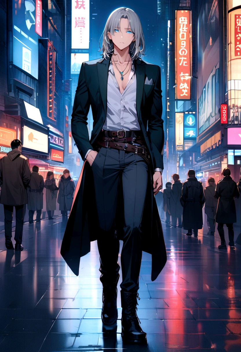 Super detailed, masterpiece, Highest quality, alone, One boy, Turquoise eyes, (tsurime:1.2), Parted bangs, Gray Hair, Medium Hair, Straight hair, Shoulder-length hair, Men&#39;s Center,whole body、
coat, shirt, pants, Studsbelt, Multiple belts, Combat Boots, Torn clothes, necklace,Times Square at night、