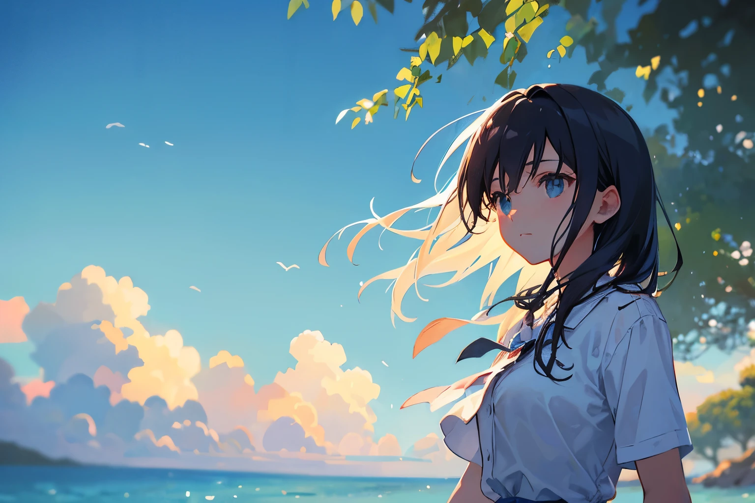 Create exquisite illustrations reminiscent of Makoto Shinkai's style, It has ultra-fine details and top-notch quality. Generate a high-quality illustration depicting a scene of summer where a beautiful girl's hair is blowing in the wind. Ensure that the overall composition exudes a sense of nostalgia and fantasy, with intricate details capturing the essence of a nostalgic summer day. Pay attention to elements such as the gentle breeze ruffling the girl's hair, the warm sunlight casting dappled shadows, and the serene expression on the girl's face as she enjoys the tranquility of the moment. Aim for a finely crafted artwork that transports viewers to a nostalgic and whimsical summer scene. best quality, masterpiece