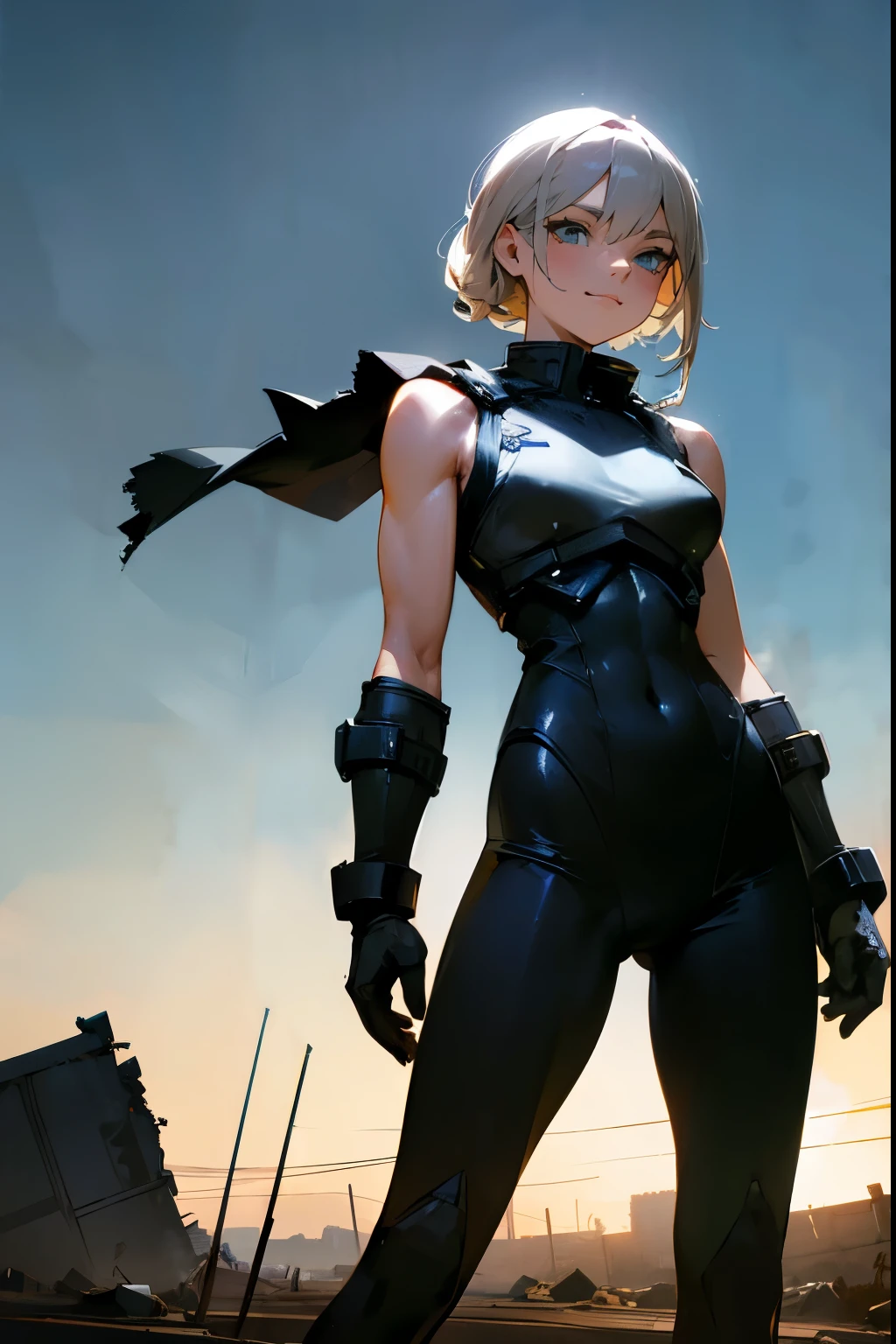 1female , Muscular , Sleeveless Black Bodysuit with White Armorpieces , Armored Military Clothing , Standing in a ruined city background , Confident Smirk , Cinematic Lightning , Masterpiece Quality
