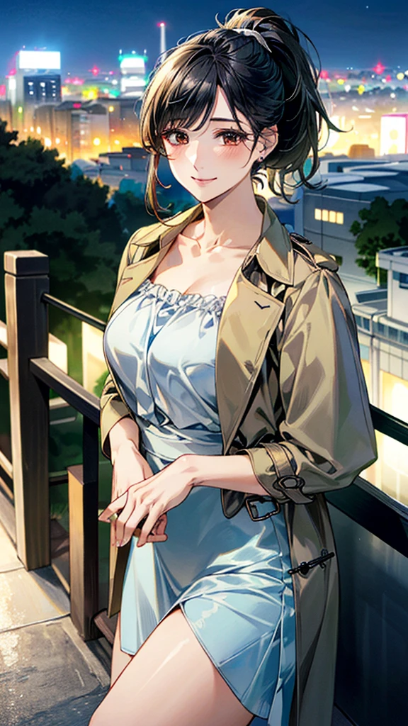 (masterpiece:1.2, Highest quality), (Realistic, photoRealistic:1.4), Beautiful illustrations, (Natural Side Lighting, Cinema Lighting), ,
View your viewers, 1 Girl, Japanese, 30 years old,Perfect Face, Cute and symmetrical face, Shiny skin,
(ponytail, Black Hair), Brown eyes, Long eyelashes, (Large Breasts,),
Beautiful Hair, Beautiful Face, Beautiful attention to detail, Beautiful clavicle, Beautiful body, Beautiful breasts, Beautiful thighs, Beautiful feet, Beautiful fingers,
blouse, ((白いblouse, 開いた茶色のtrench coat)), trench coat, Black Skirt, Hair Ribbon,
(Beautiful views), (night), (city, cityscape in the distance)、 Standing, (smile),