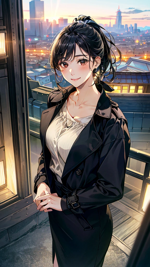 (masterpiece:1.2, Highest quality), (Realistic, photoRealistic:1.4), Beautiful illustrations, (Natural Side Lighting, Cinema Lighting), ,
View your viewers, 1 Girl, Japanese, 30 years old,Perfect Face, Cute and symmetrical face, Shiny skin,
(ponytail, Black Hair), Brown eyes, Long eyelashes, (Large Breasts,),
Beautiful Hair, Beautiful Face, Beautiful attention to detail, Beautiful clavicle, Beautiful body, Beautiful breasts, Beautiful thighs, Beautiful feet, Beautiful fingers,
blouse, ((白いblouse, 開いた茶色のtrench coat)), trench coat, Black Skirt, Hair Ribbon,
(Beautiful views), (night), (city, cityscape in the distance)、 Standing, (smile),