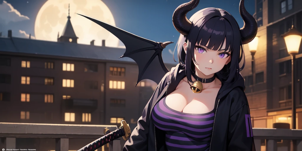Beautiful woman, badass, sexy, holding katana, collar with bell around her neck, black jeans on her, black hoodie jacket on her, black and purple striped shirt under her hoodie, purple and black hair, dragon tail, dragon wings, black horns on head, large boobs, shy expression, standing up, moon in background, outside, purple eyes, HD, 1080p, perfect quality, hyper realistic, detailed