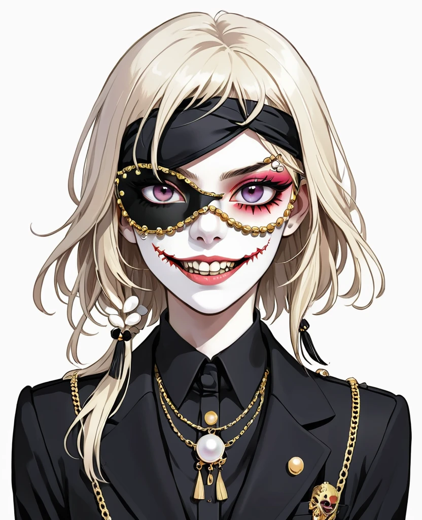 (Digital Illustration,Detailed anime style,Pearl tassel eye mask,Portrait of girl wearing mask eye patch,Solitary,symmetry),(Big colorful eyes,Fashionable and exquisite facial features,Exquisite makeup,laughing out loud,Fangs,Soulful gaze,),(Straight Hair,Hairpin),(Black suit,Epaulettes-Chain,cool,),Clean and simple white background,(((Correct human anatomy)))