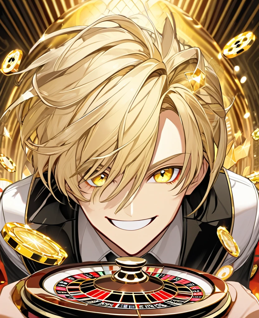 (Blonde_hair), (Golden_crystal_eyes), (detailed_eyes), (crazy_smile), (attractive), (casino_background), (Mesmerizing_eyes), (male), (detailed_Hair), (detailed),