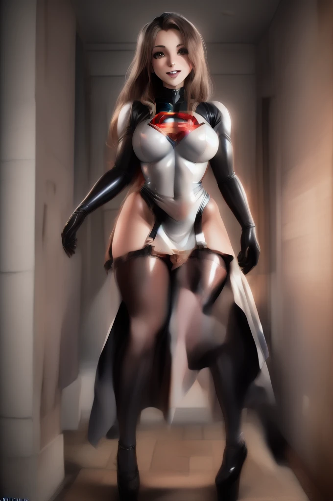 ((1 supergirl, 22 y.o, Masterpiece, best quality, cinematic lighting, 8k, full body shot, long hair, hourglass body)), (smile:0.85), (realistic background:1.2) maid headdress, maid outfit, black gloves, black thighhighs, high heels