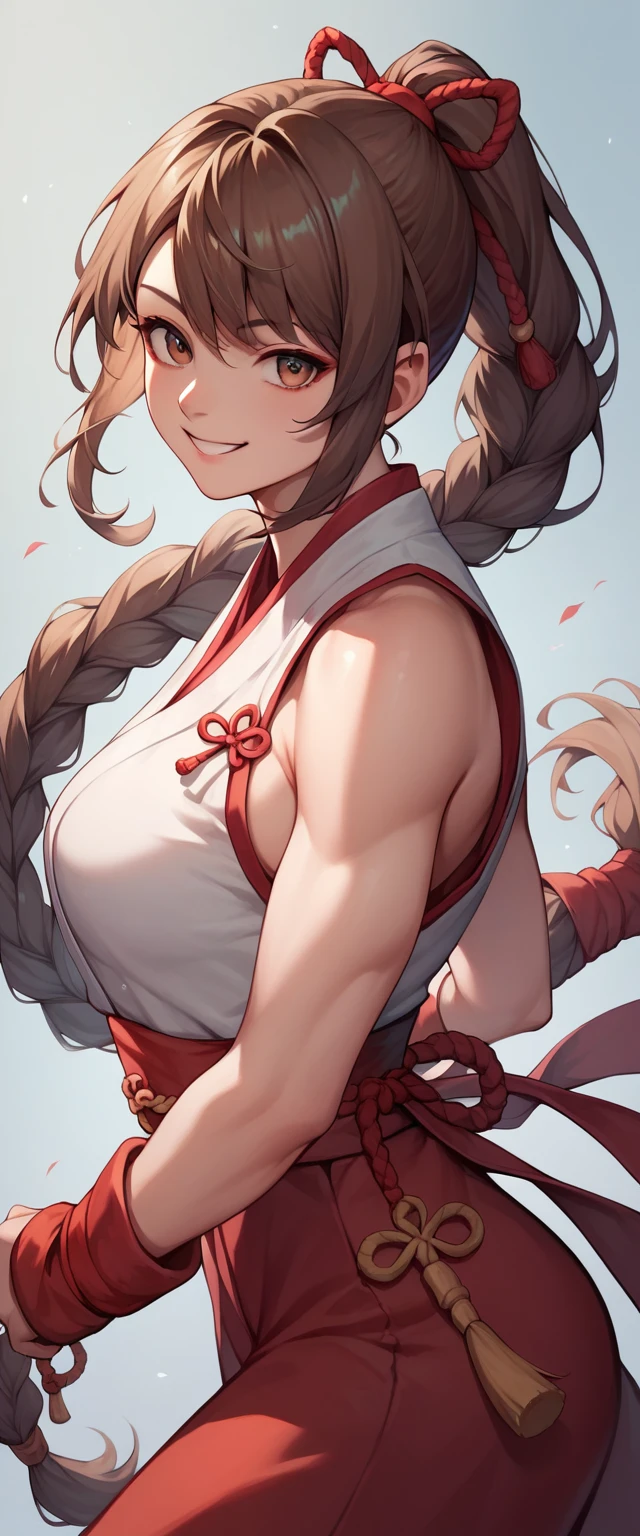 highres,1girl,Female Fighter,Around 20 years old, front,A little smile,Chinese martial artist,Pink practice clothes,Red is the key.,Long braided hair,Brown Hair,ponytail,Red ribbon,looking at viewer,smile,solo,