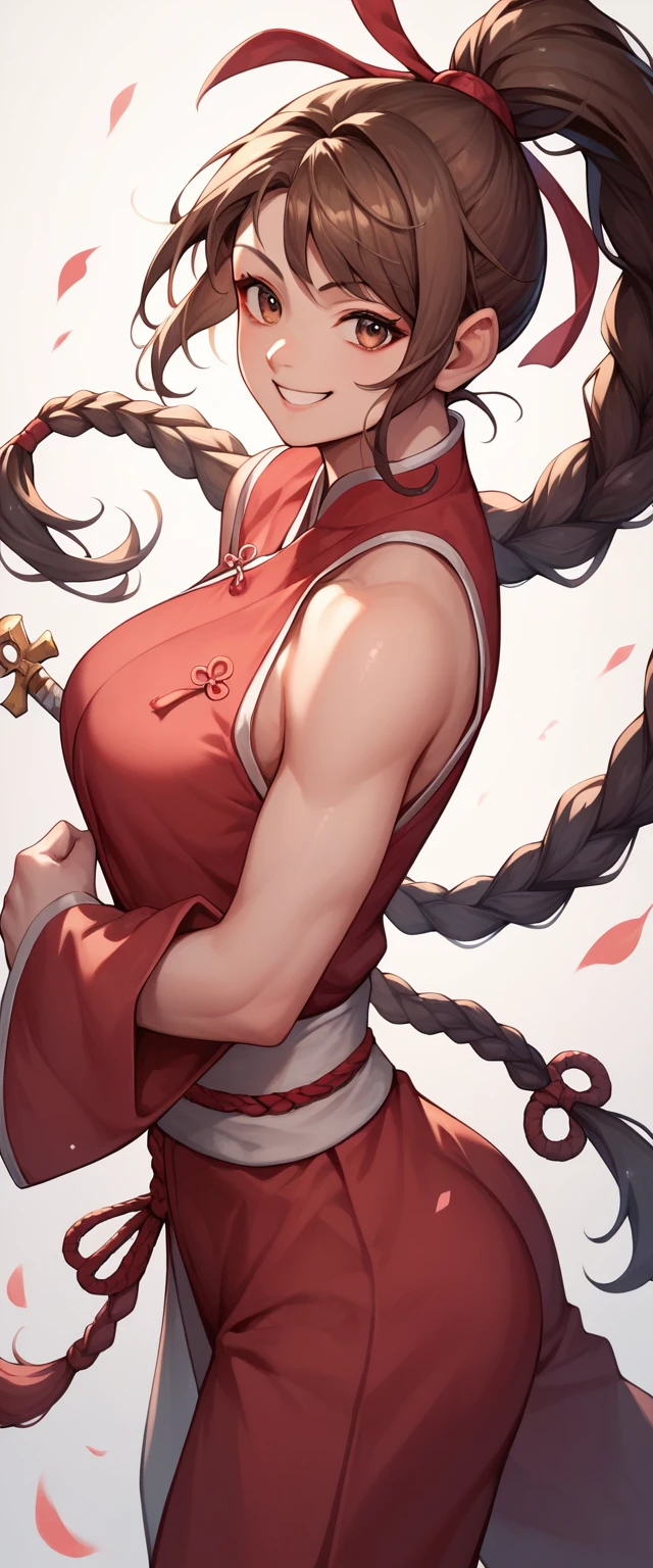 highres,1girl,Female Fighter,Around 20 years old, front,A little smile,Chinese martial artist,Pink practice clothes,Red is the key.,Long braided hair,Brown Hair,ponytail,Red ribbon,looking at viewer,smile,solo,
