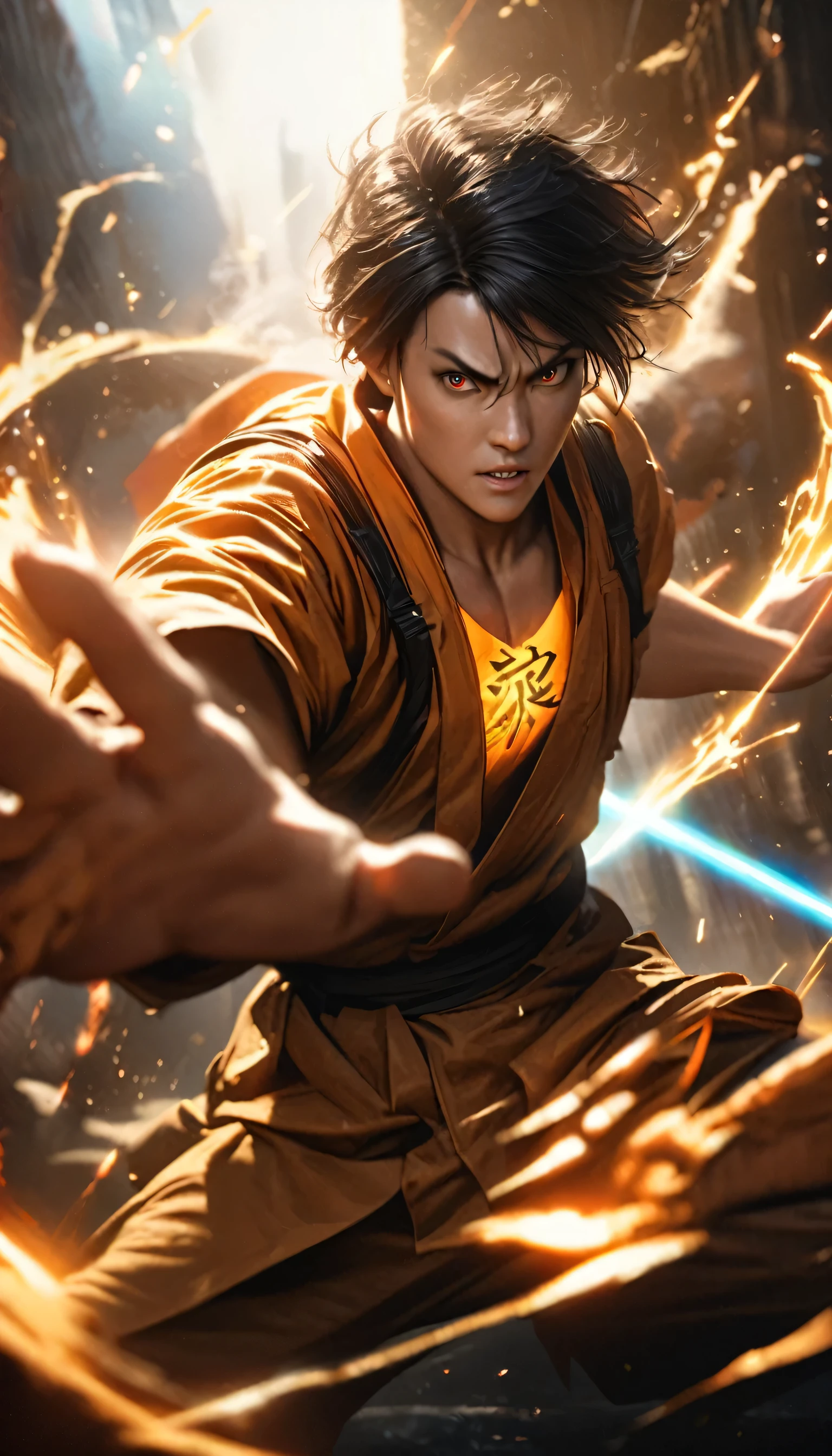 a powerful young man with spiky black hair, intense eyes, and a determined expression, wearing an orange gi with the kanji "wave" on the chest, performing the famous Kamehameha energy attack with both hands raised, detailed realistic rendering, 8k, photorealistic, dramatic lighting, vibrant colors, cinematic composition