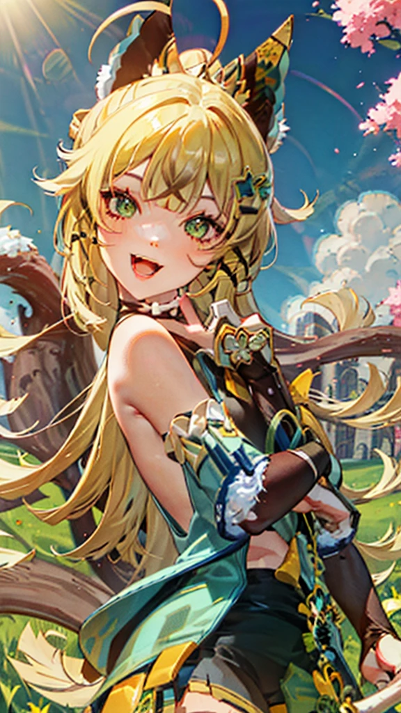 naked, nude, vagina, lolita, outside, small breasts, fifteen years old, open mouth, happy, smiling, sunny, happy, bright sunlight, grass, hair ornament, blonde hair, green hairstreak, from below, masterpiece, best quality