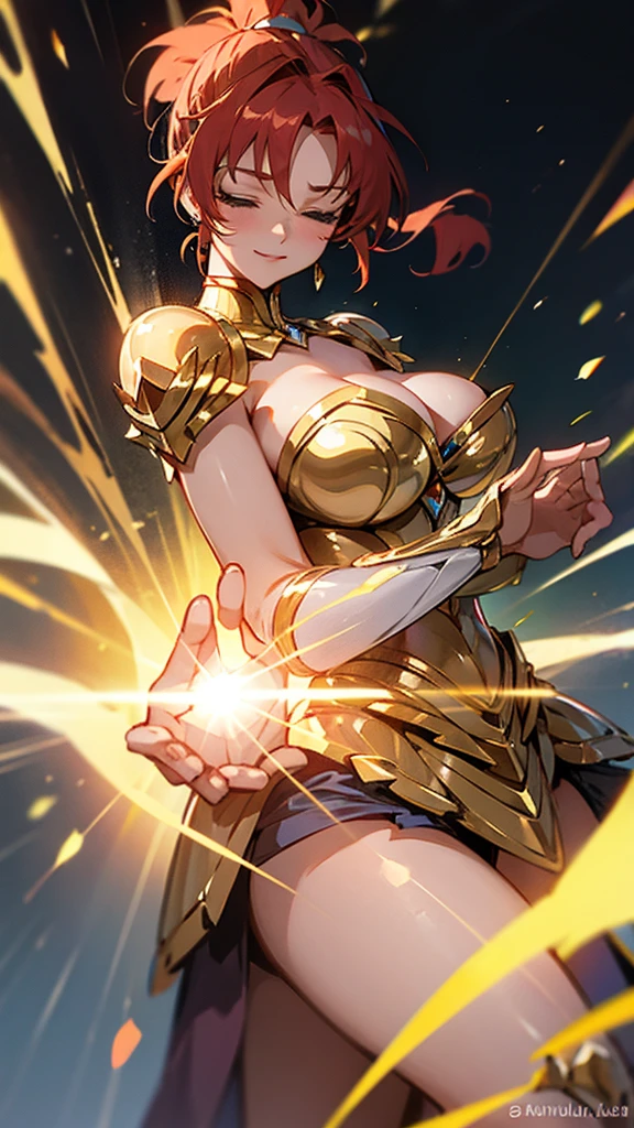 Gold Armor, 4K image, rallies, best quality, masterpiece, movie lighting ，Sexy，Large Breasts，Cleavage，action，In battle，cleavage，noble，Light beams from hands，Golden lightning all around，red hair，ponytail hairstyle，saint seiya virgo sagas，Close eyes，lipstick，Smile，calm