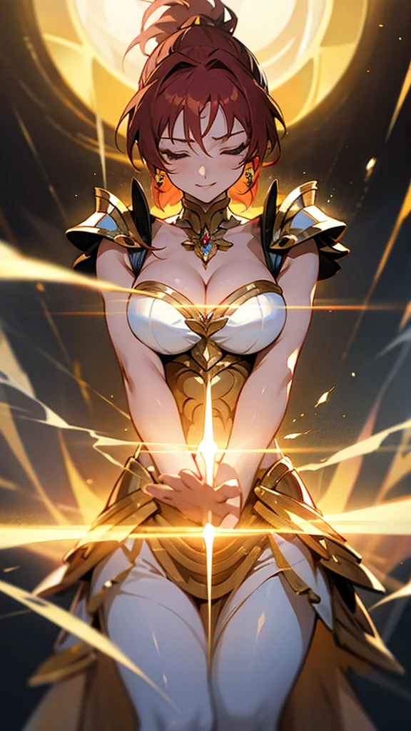 Gold Armor, 4K image, rallies, best quality, masterpiece, movie lighting ，Sexy，Large Breasts，Cleavage，action，In battle，cleavage，noble，Light beams from hands，Golden lightning all around，red hair，ponytail hairstyle，saint seiya virgo sagas，Close eyes，lipstick，Smile，calm