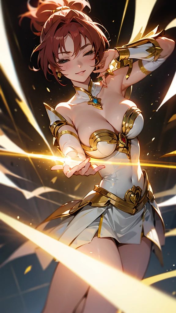 Gold Armor, 4K image, rallies, best quality, masterpiece, movie lighting ,Sexy,Large Breasts,Cleavage,action,In battle,cleavage,noble,Light beams from hands,Golden lightning all around,red hair,ponytail hairstyle,saint seiya virgo sagas,Close eyes,lipstick,Smile,calm