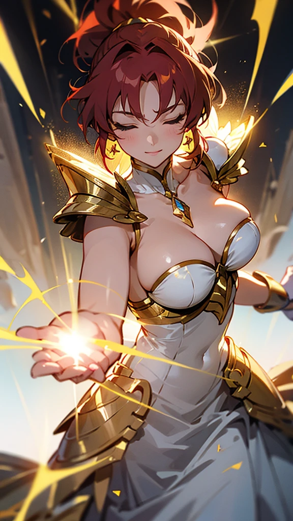 Gold Armor, 4K image, rallies, best quality, masterpiece, movie lighting ,Sexy,Large Breasts,Cleavage,action,In battle,cleavage,noble,Light beams from hands,Golden lightning all around,red hair,ponytail hairstyle,saint seiya virgo sagas,Close eyes,lipstick,Smile,calm