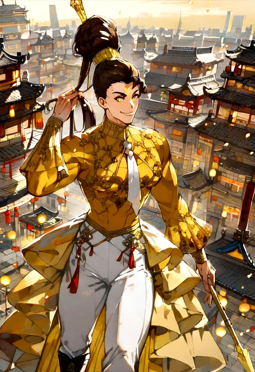 Muscular Aunt, alone, Has a golden spear, Tie your hair up, Dark brown hair, Chinese style man, ((Burnt yellow ballroom blouse, Long White Jeans)), Black Military Boots, smile, Yellow Eyes, city, Costumes.