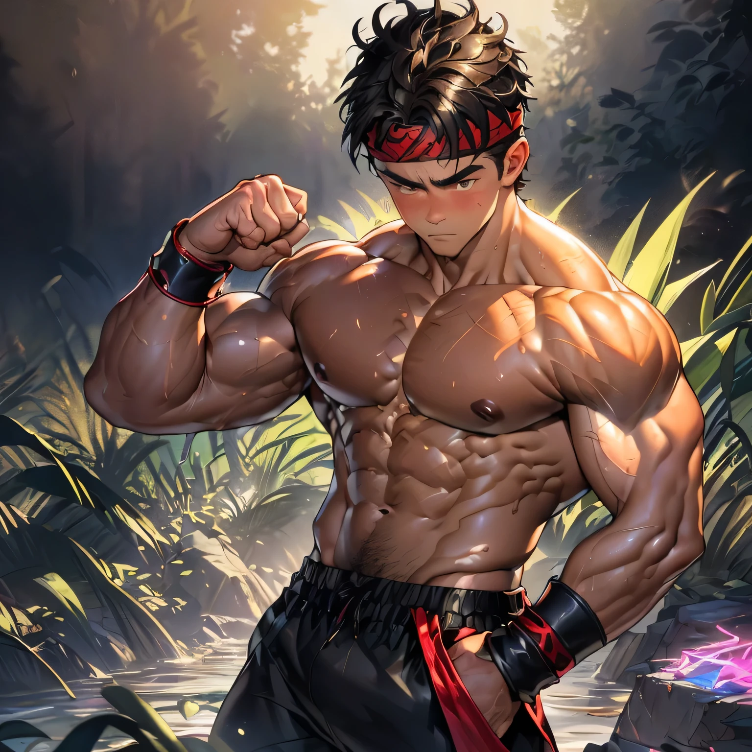 (Masterpiece, Best quality 17 year old boy, black background, cowboy shot), solo, Young, boy, muscler, Shirtless, topless, (Dark Short straight hair, under cut, brown eyes), (red headband, ((leather fingerless grobe, black wristband))), (((trapezoid torso, beefy body, defined round beefy pectorals, defined washboard abs))), Vivid colors, muscler!, muscler, muscler body, detailed face, detailed muscle, (((A magical mystical glowing aura, cosmic power glowing and flourishing, rippling muscles, fighting pose, struggle, combats)))