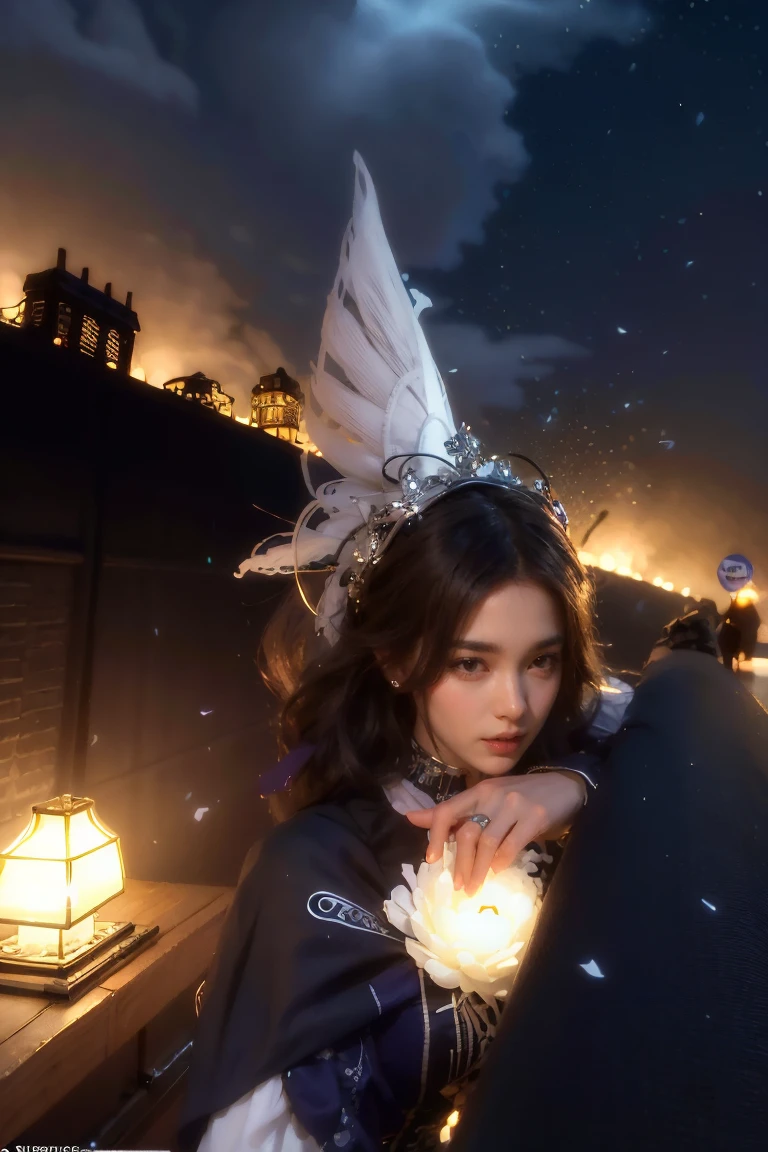 Obra de arte, melhor qualidade, 1 garota, (colorida),(belos olhos finamente detalhados e rosto detalhado),cinematic luzing, tiro no busto, papel de parede extremamente detalhado da unidade CG 8k, cabelo branco, Sozinho, Sorriso, saia intrincada,((flying petal)),(Prado florido) sky, cloudy sky, building, lualuz, lua, noite, (tema escuro:1.3), luz, fantasia,