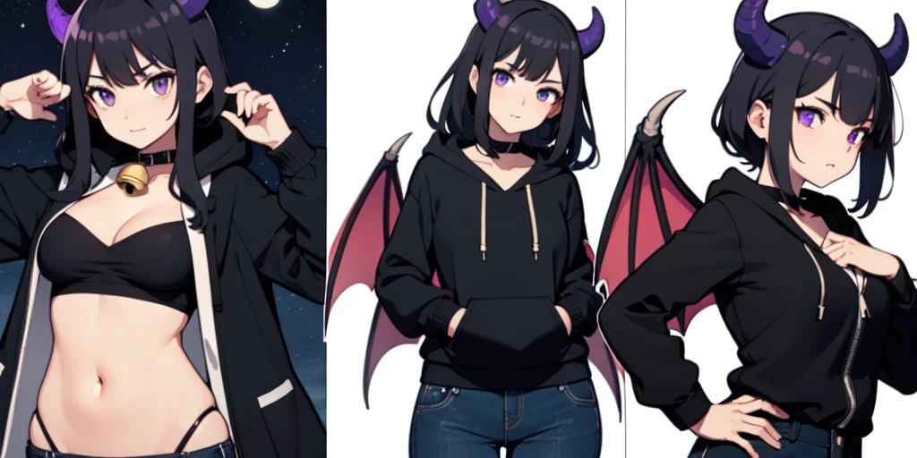 Beautiful woman, badass, sexy, holding katana, collar with bell around her neck, black jeans on her, black hoodie jacket on her, black and purple striped shirt under her hoodie, purple and black hair, dragon tail, dragon wings, black horns on head, large , shy expression, standing up, moon in background, outside, purple eyes, HD, 1080p, perfect quality, hyper realistic, detailed