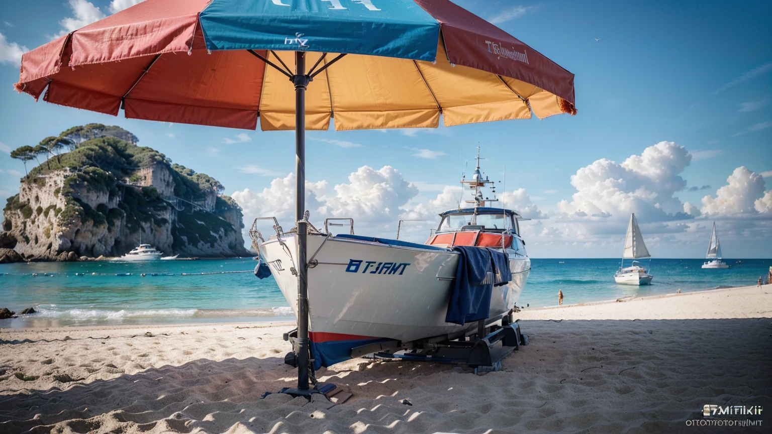 (ultra-high definition, hyper-realistic, highly detailed, high quality, sharp focus, professional lighting, vivid colors, intricate details), (beach in Ibiza Spain background with beach umbrella, water, yachts, boats, detailed architecture, people, vibrant atmosphere), (best quality,4k,8k,16k,Highest,masterpiece:1.2),(realistic,photorealistic,photo-realistic:1.37), (extremely detailed CG unit, 16k wallpaper), 16k UHD, 16k HDR, Fujifilm XT3 sharp focus, professional lighting, vivid colors, intricate details, film grain, Fujifilm XT3 realistic painting art, f5.6, Utilize state-of-the-art deep learning models and adjust parameters according to quality metrics such as Structural Similarity (SSIM) and Perceptual Loss to create an image that is indistinguishable from a real, high-quality photograph, fine-tuning, (be creative),