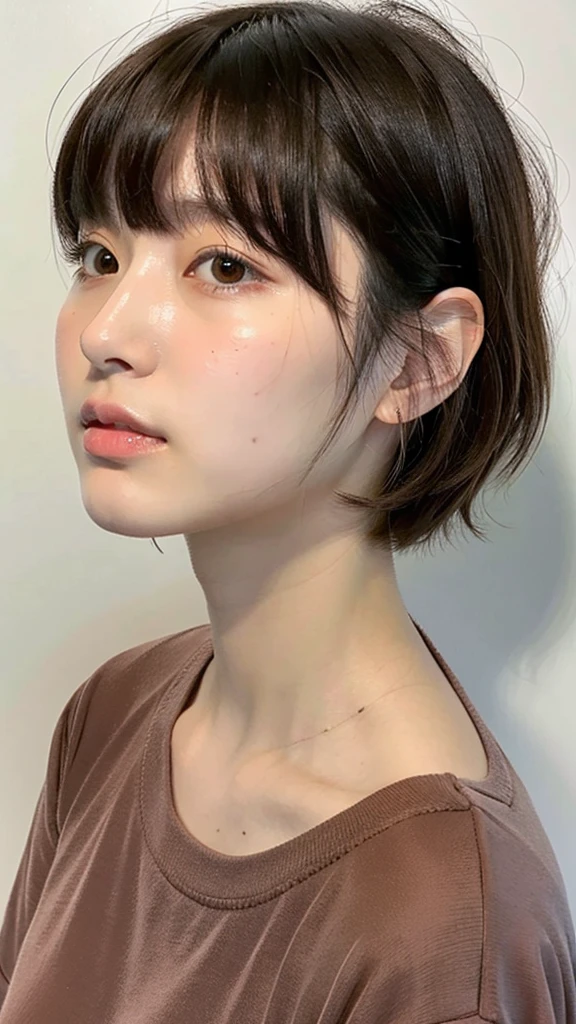 Ultra HD,Swollen neck of an 18-year-old girl,From above,look up,plump neck,bangs,short hair,round face,Small Adam&#39;s apple,squat,Wide, wide throat muscles