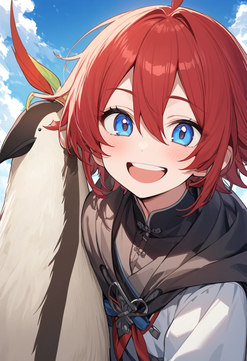 A tall boy of 1.90 cm with red hair, blue eyes like the sky and very beautiful with a cocky smile